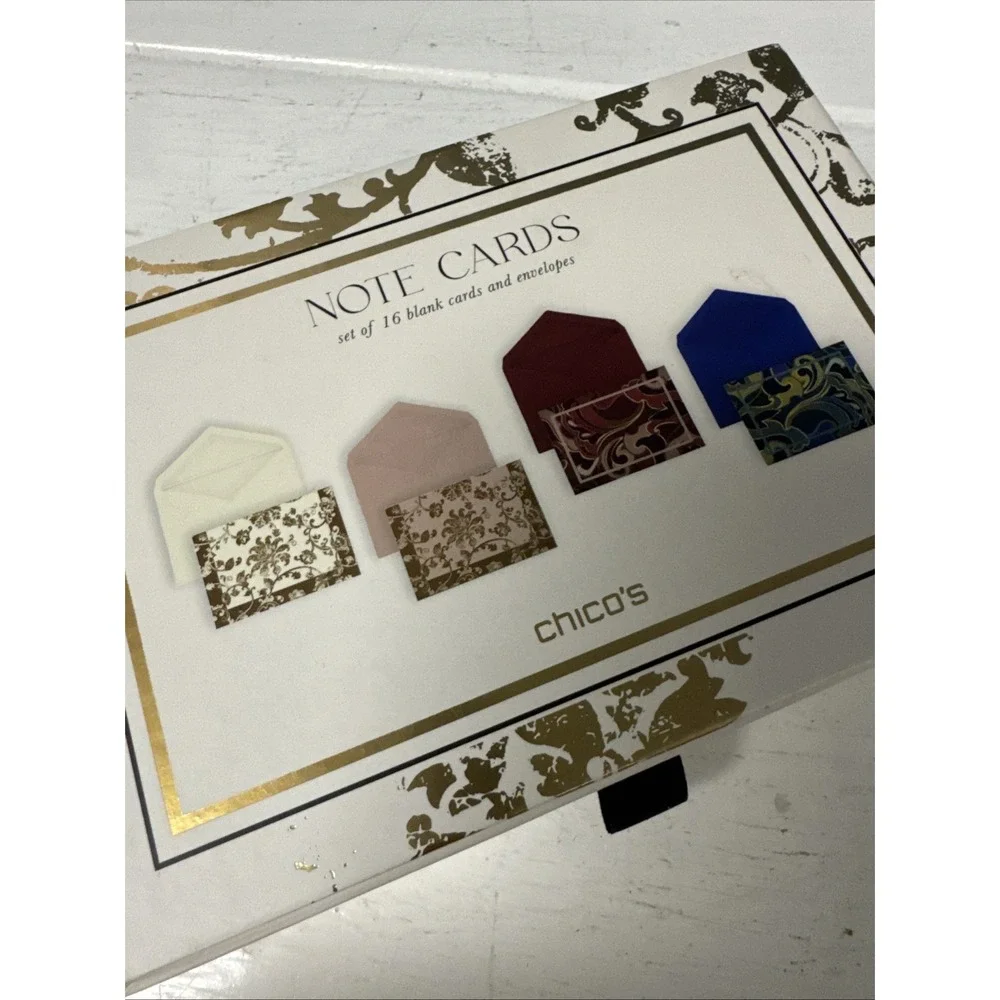 Chicos Blank Note Cards Embossed Logo Cards Envelopes‎ 16 Pack (4colors W/gold)